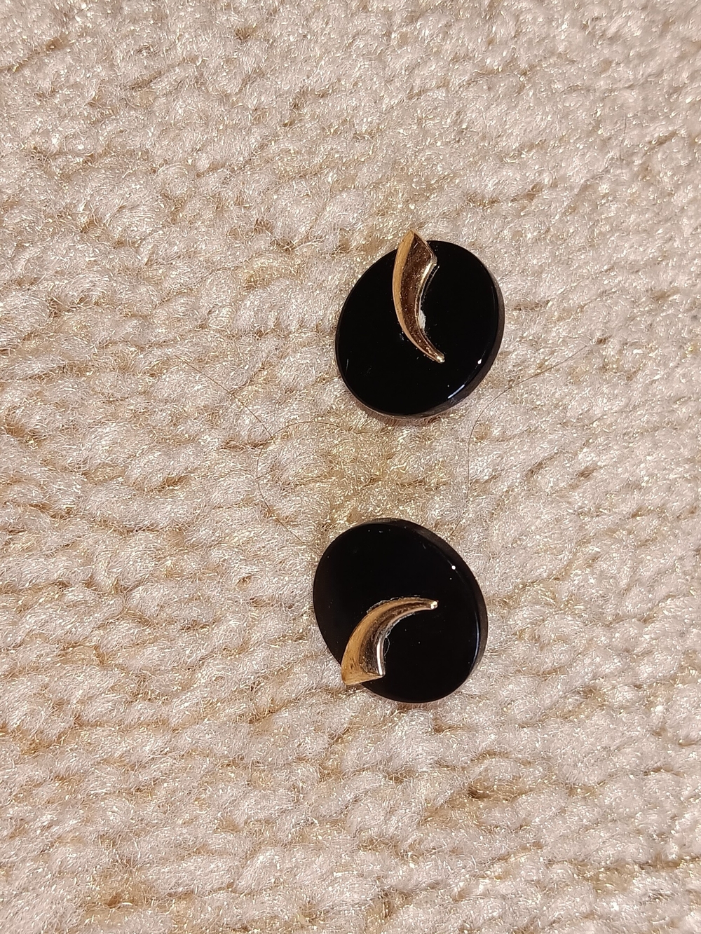 Black Round Stud Earrings with 14 K SOLID Gold Crescent Accent